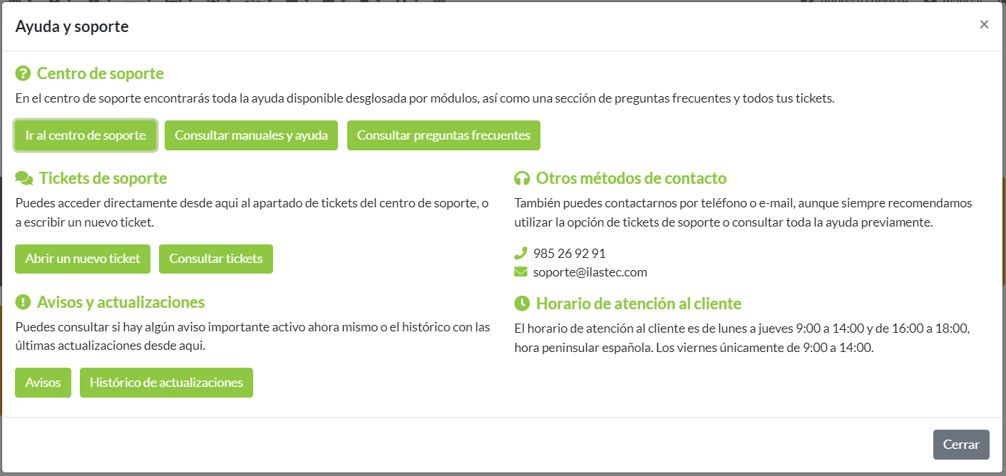 Detalle del panel de ayuda y soporte