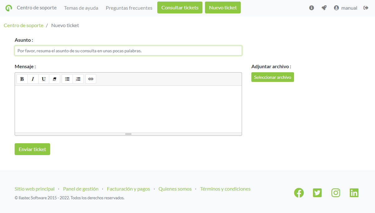 Formulario para creación de ticket de soporte