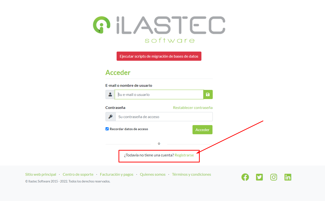 Pantalla de inicio de sesión. Detalle de acceso a pantalla de registro de usuario