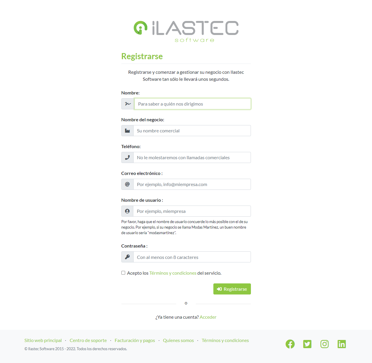 Formulario para registro de usuario en el programa