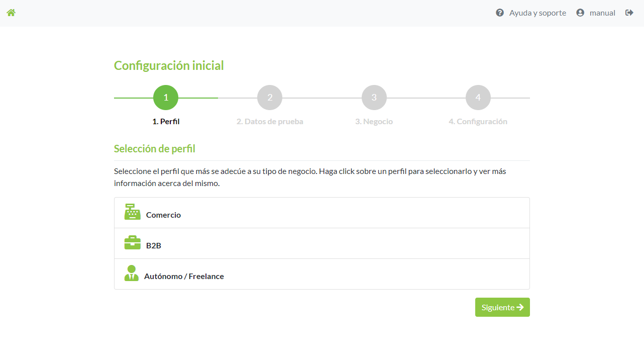1º paso del asistente de configuración. Selección del perfil de usuario