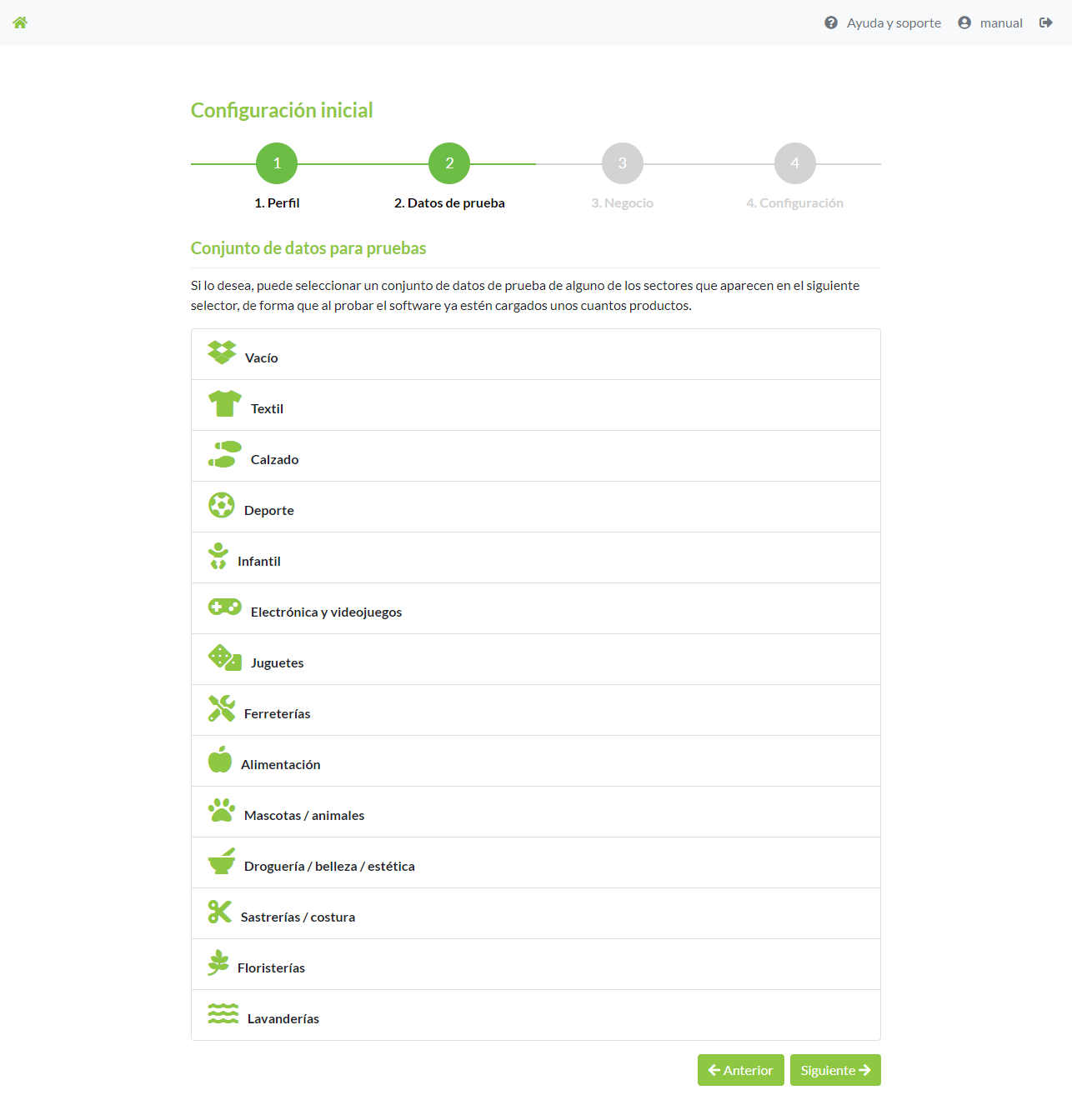 2º paso del asistente de configuración. Selección de datos de prueba