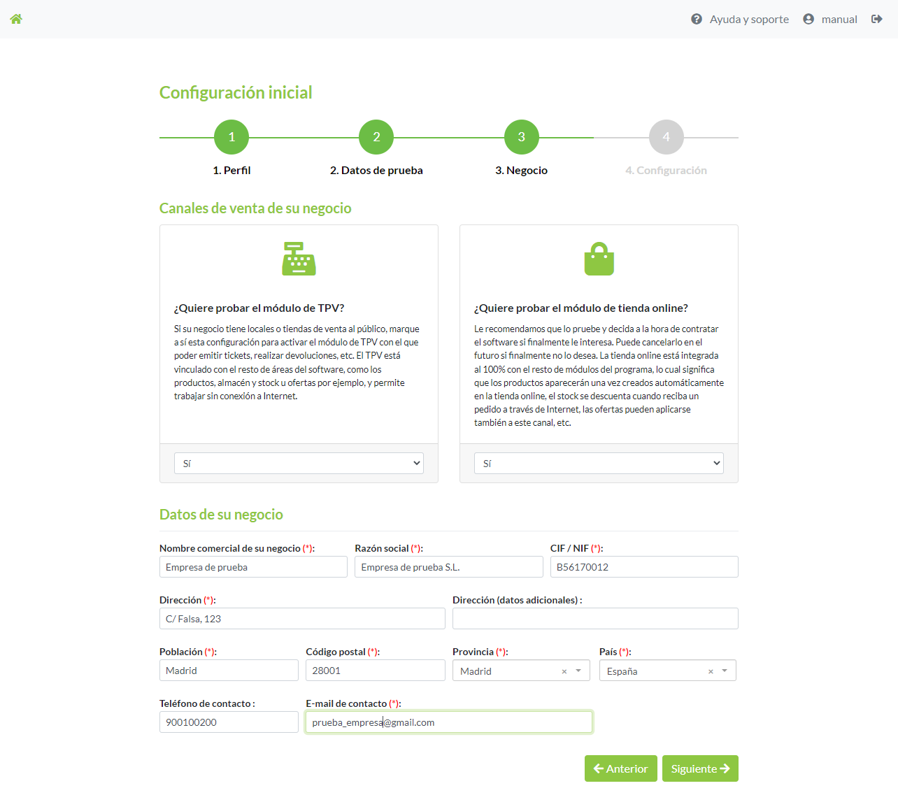 3º paso del asistente de configuración. Selección del perfil de usuario