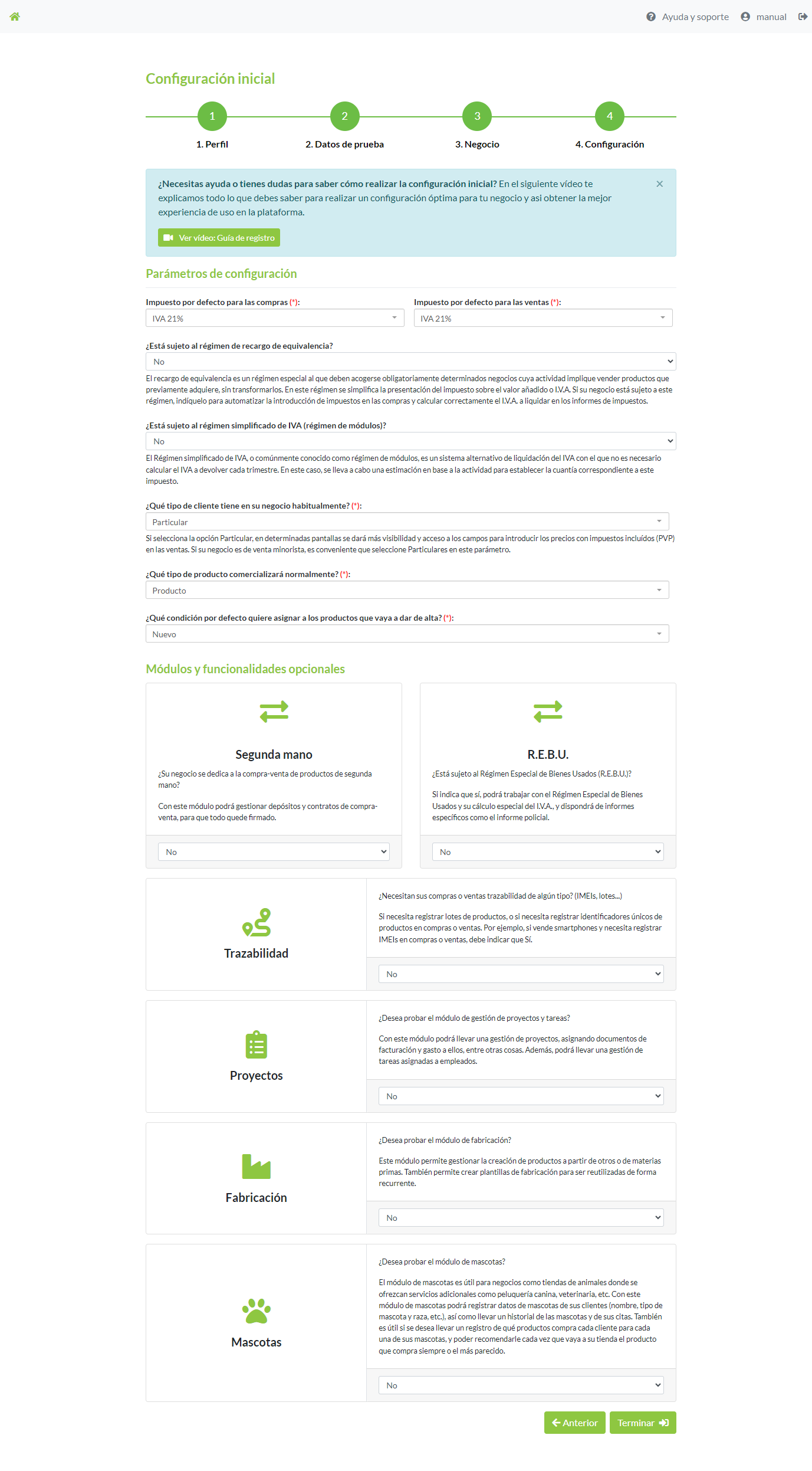 4º paso del asistente de configuración. Selección del perfil de usuario