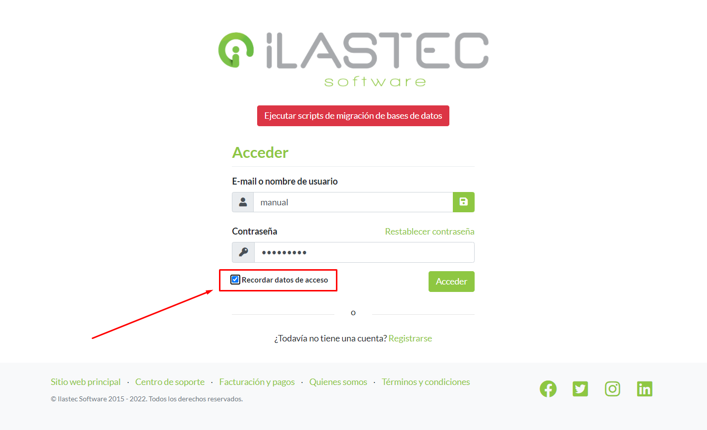 Pantalla de inicio de sesión. Selección de check para recordar datos de acceso