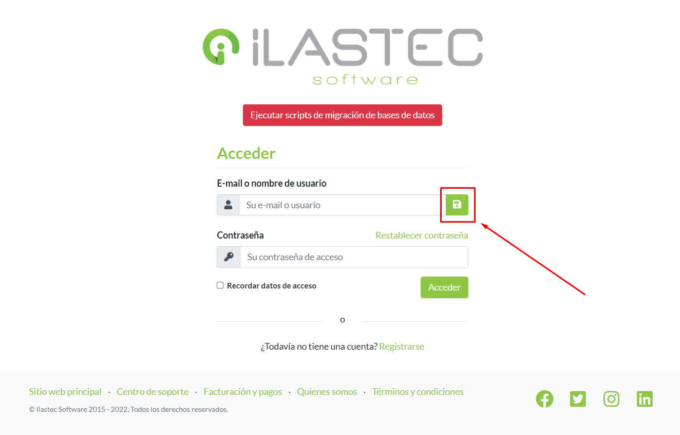Pantalla de inicio de sesión. Acceso a datos de acceso guardados