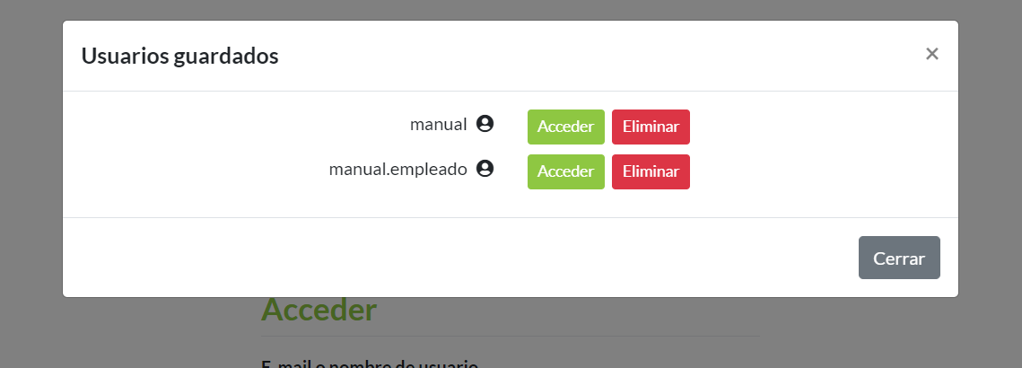 Listado datos de acceso guardados para inicio de sesión en el programa