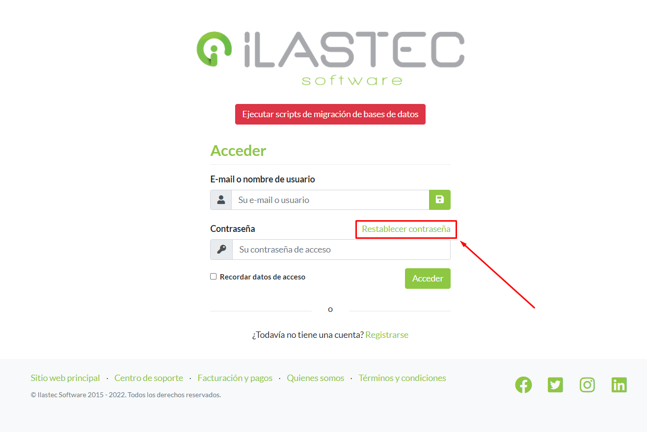 Pantalla de inicio de sesión. Acceso a formulario para restablecer contraseña