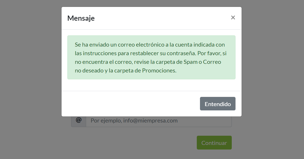 Mensaje de confirmación de envío de correo electrónico para restablecer contraseña