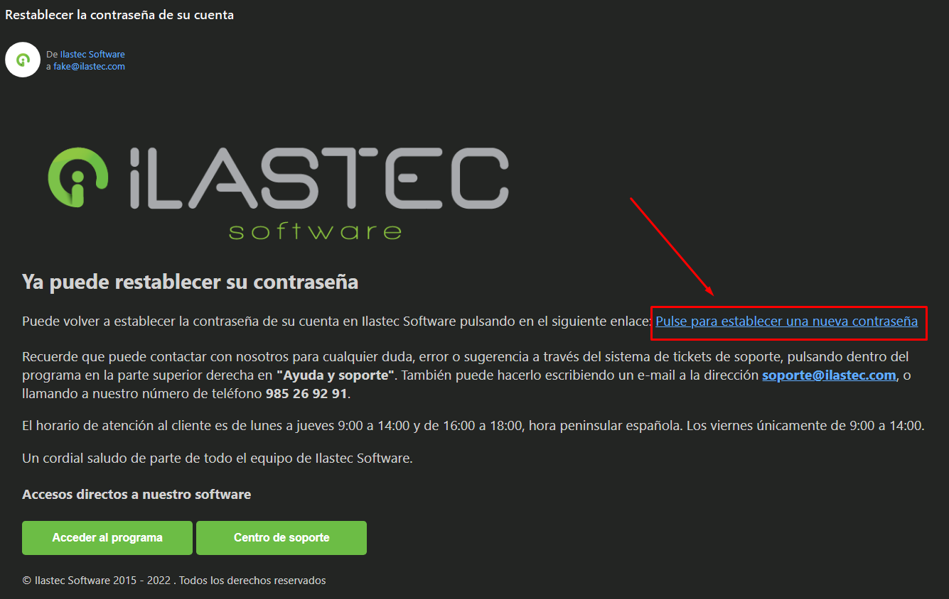 Detalle de correo electrónico para restablecer contraseña