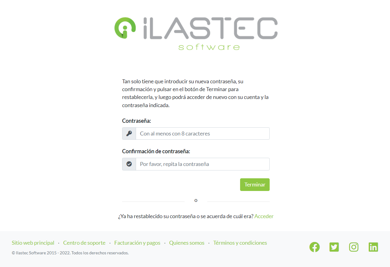 Formulario final para restablecer contraseña