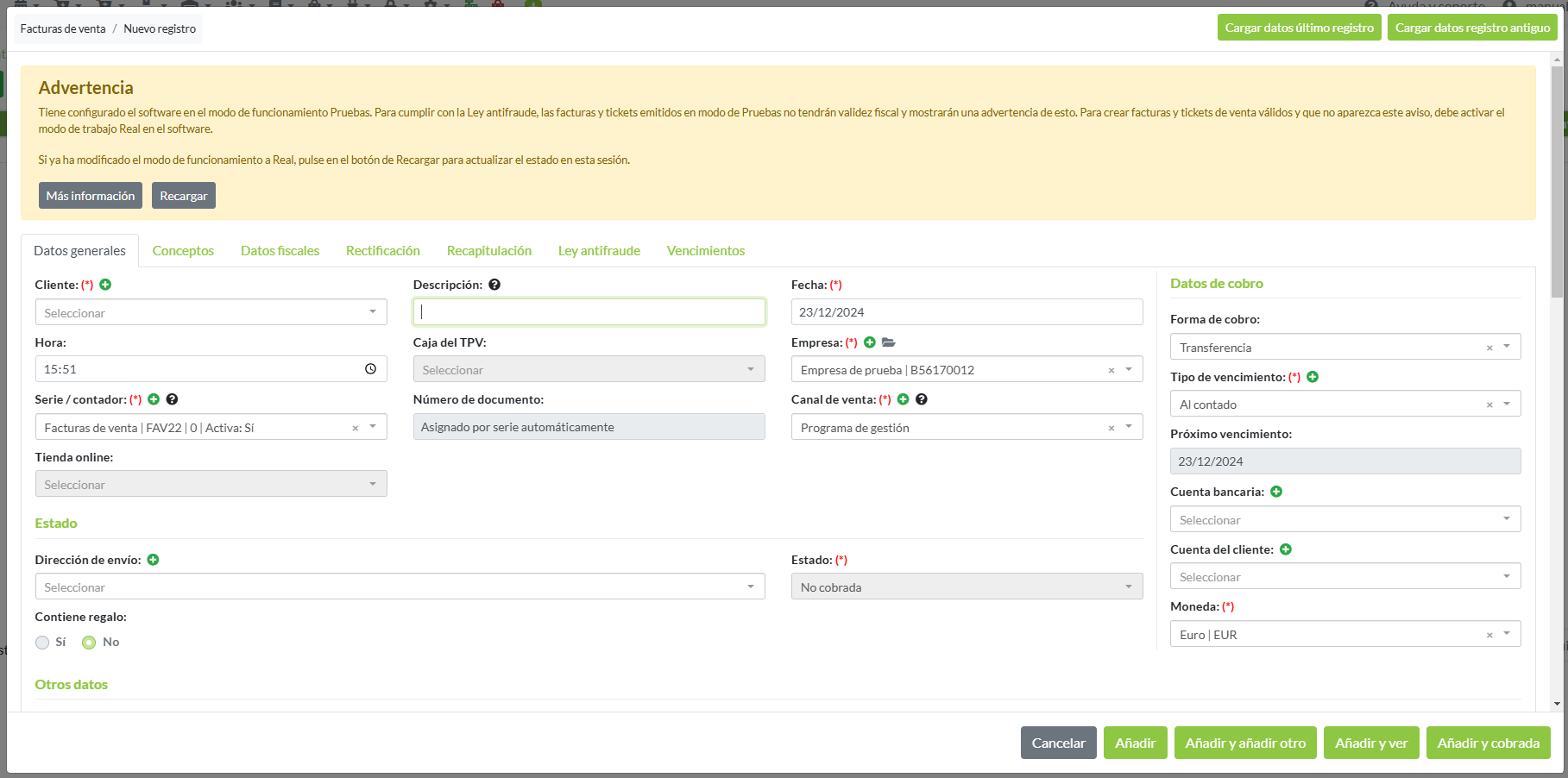Aviso en el software de modo Pruebas