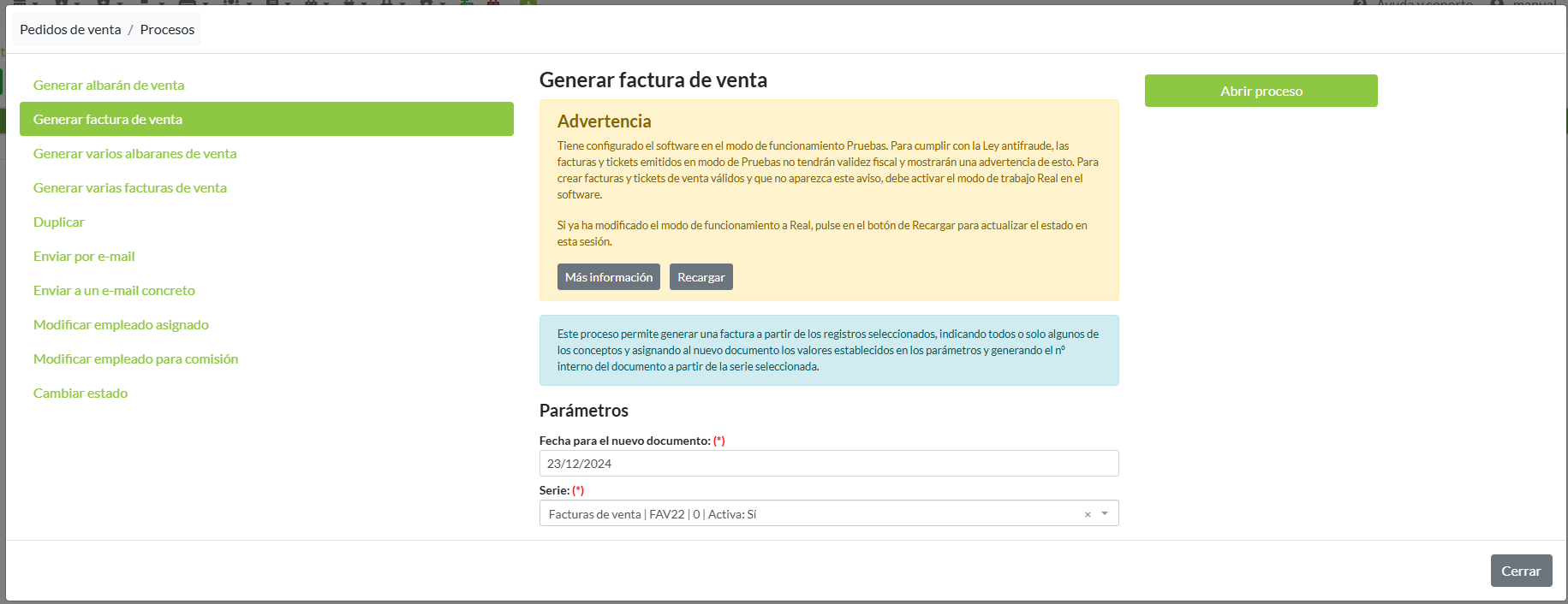 Aviso en el software de modo Pruebas