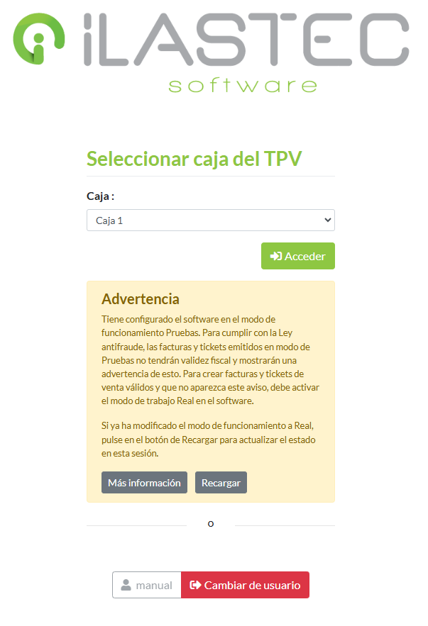Aviso en el software de modo Pruebas