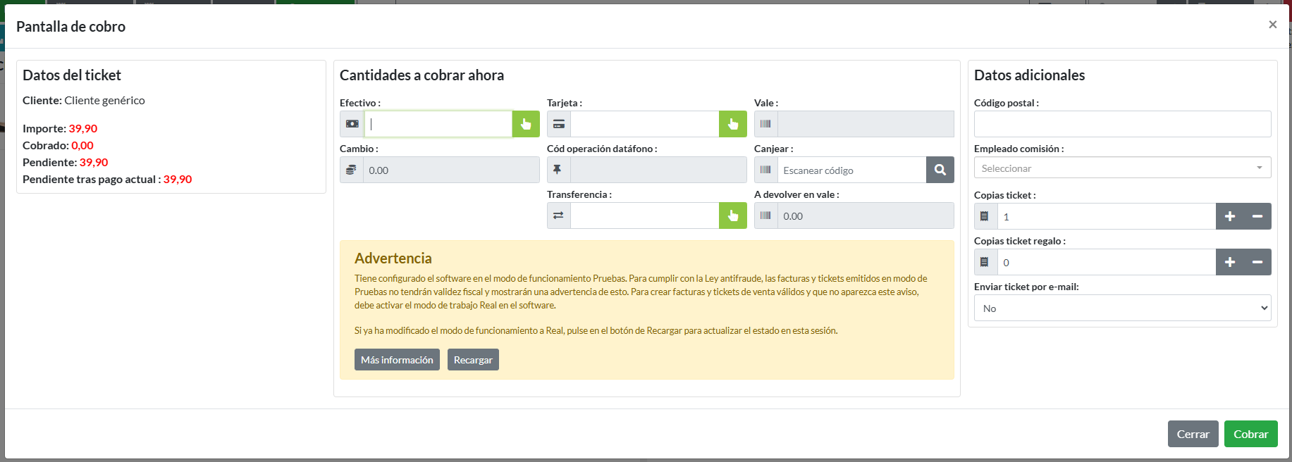 Aviso en el software de modo Pruebas