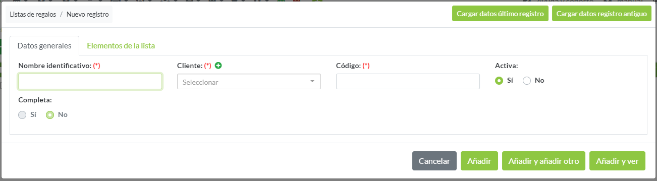 Nueva lista de regalos: Pestaña Datos generales