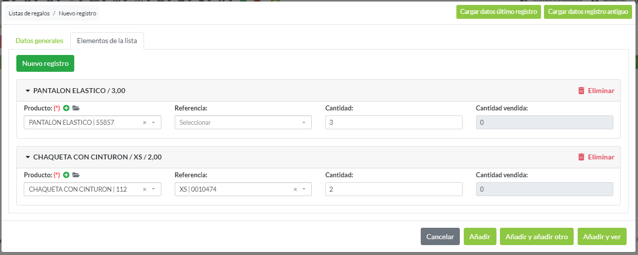 Nueva lista de regalos: Elementos de la lista