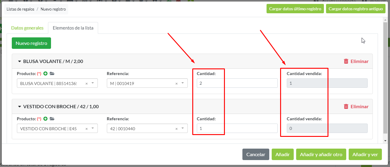 Detalle cantidades pendientes en elementos de la lista