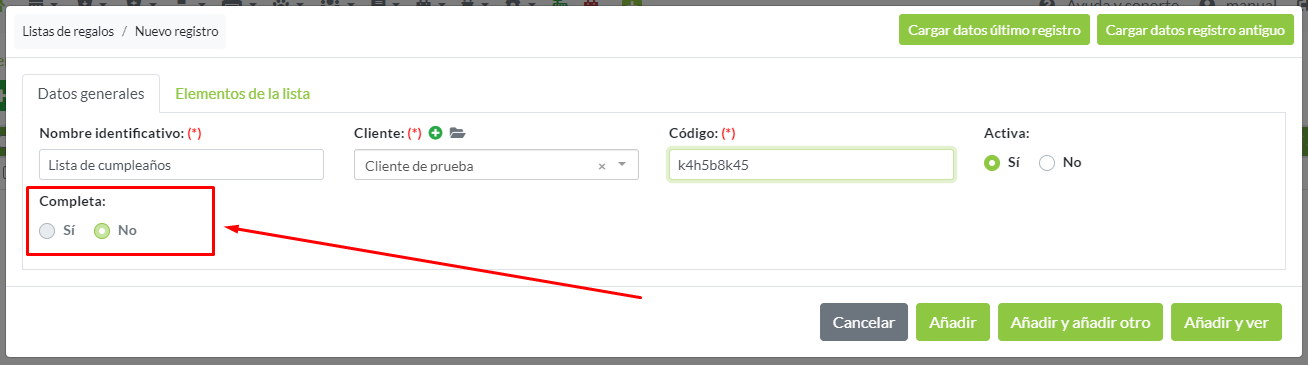 Detalle lista de regalos incompleta