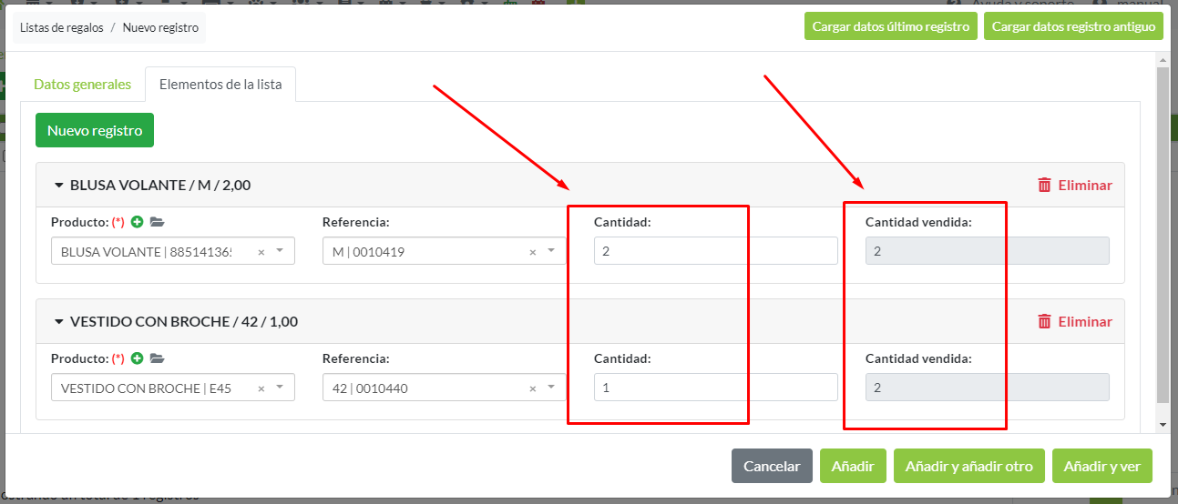Detalle cantidades total vendidas en elementos de la lista