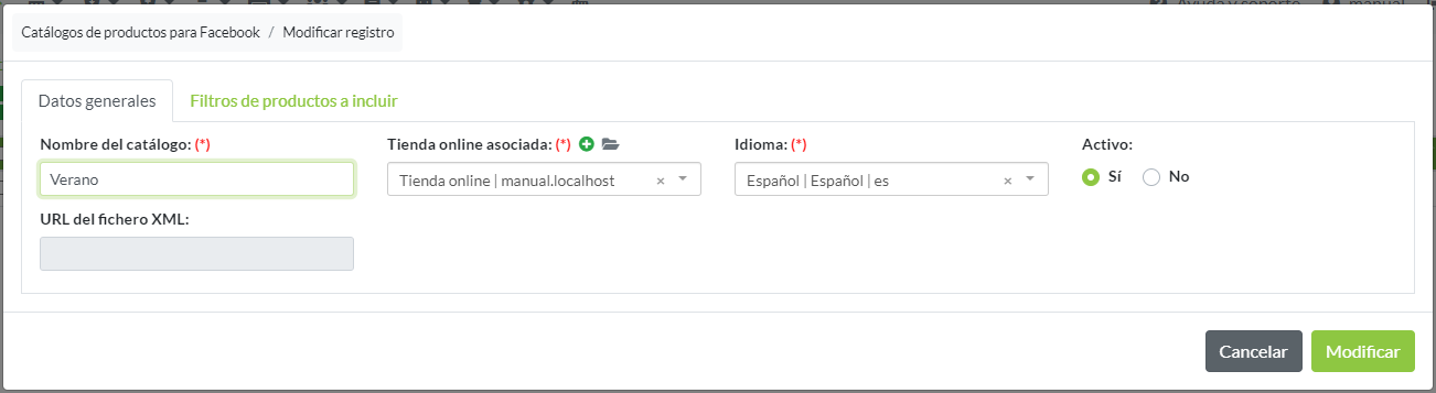 Creación de registro Catálogo de Facebook: Pestaña Datos generales