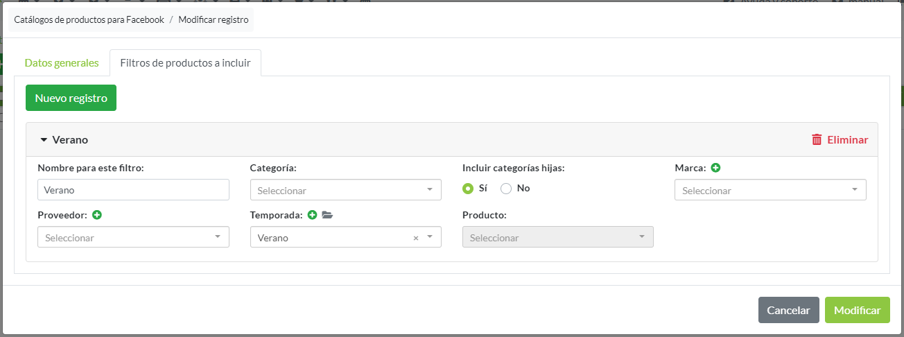 Creación de registro feed de Facebook: Pestaña Filtros de productos a incluir