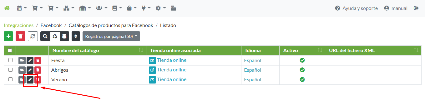 Acceso a modificación de registro Catálogo para Facebook