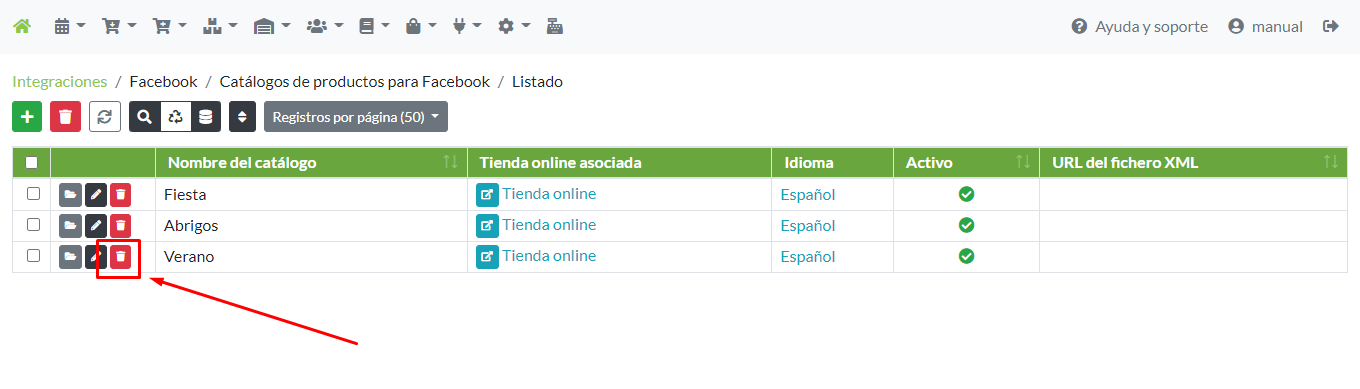 Acceso a eliminación de un registro de Catálogo para Facebook