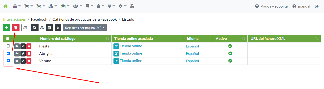 Eliminación de múltiples registros de Catálogo para Facebook