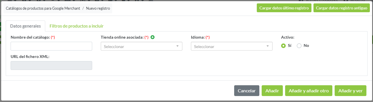 Creación de registro Catálogo de Google: Pestaña Datos generales