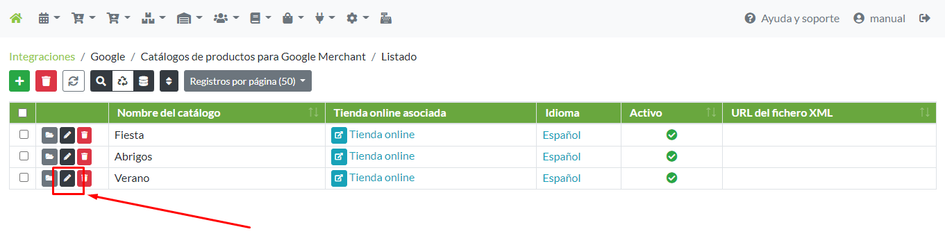 Acceso a modificación de registro Catálogo para Google