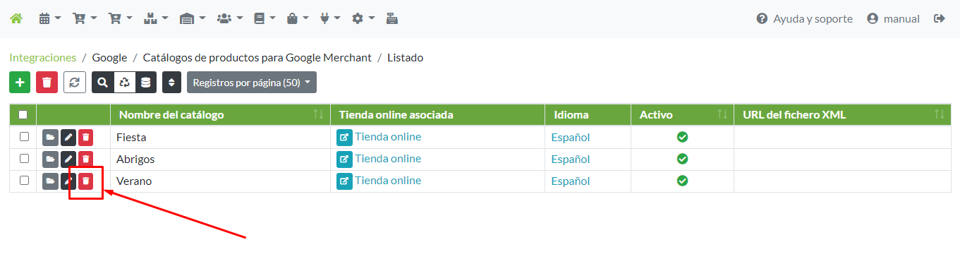 Acceso a eliminación de un registro de Catálogo para Google