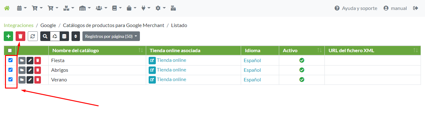 Eliminación de múltiples registros de Catálogo para Google