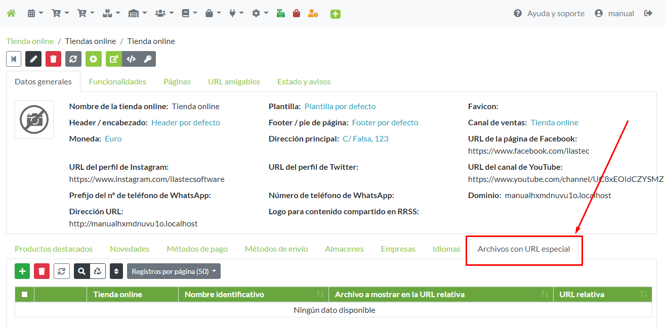 Acceso a listado de registros Archivos con URL especial en la ficha de una tienda online