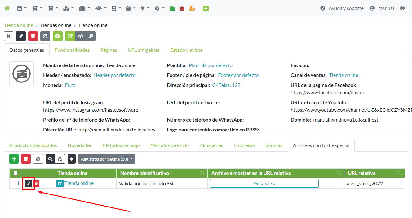 Modificación de un registro de archivo con URL especial