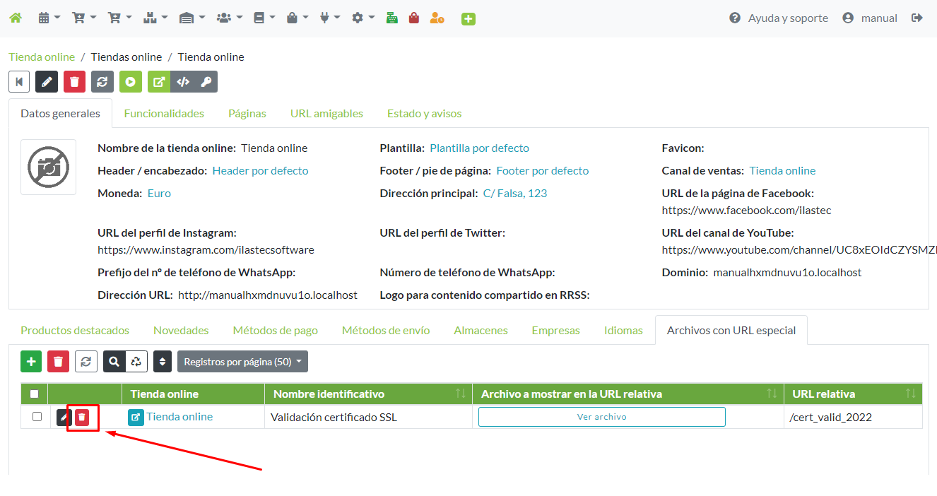 Eliminación de un archivo con URL especial, desde su menú de opciones