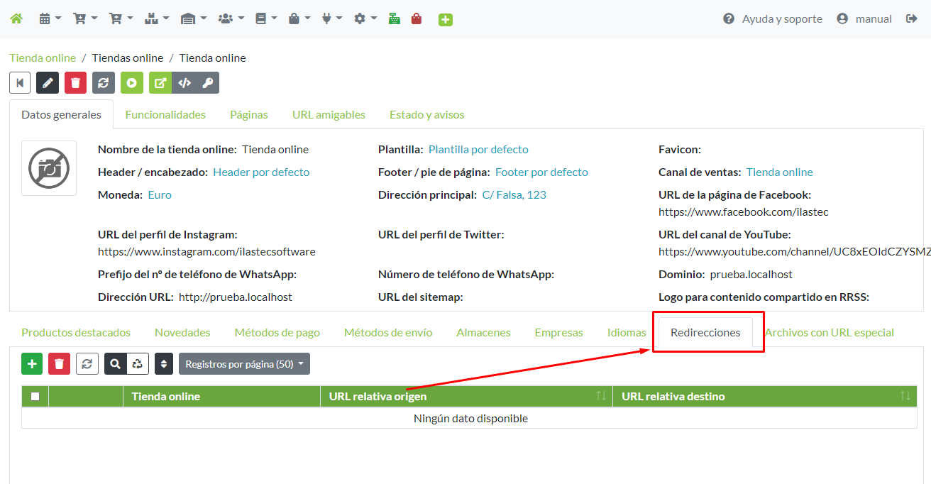 Acceso a listado de configuraciones de Redireccionamiento en la ficha de una tienda online