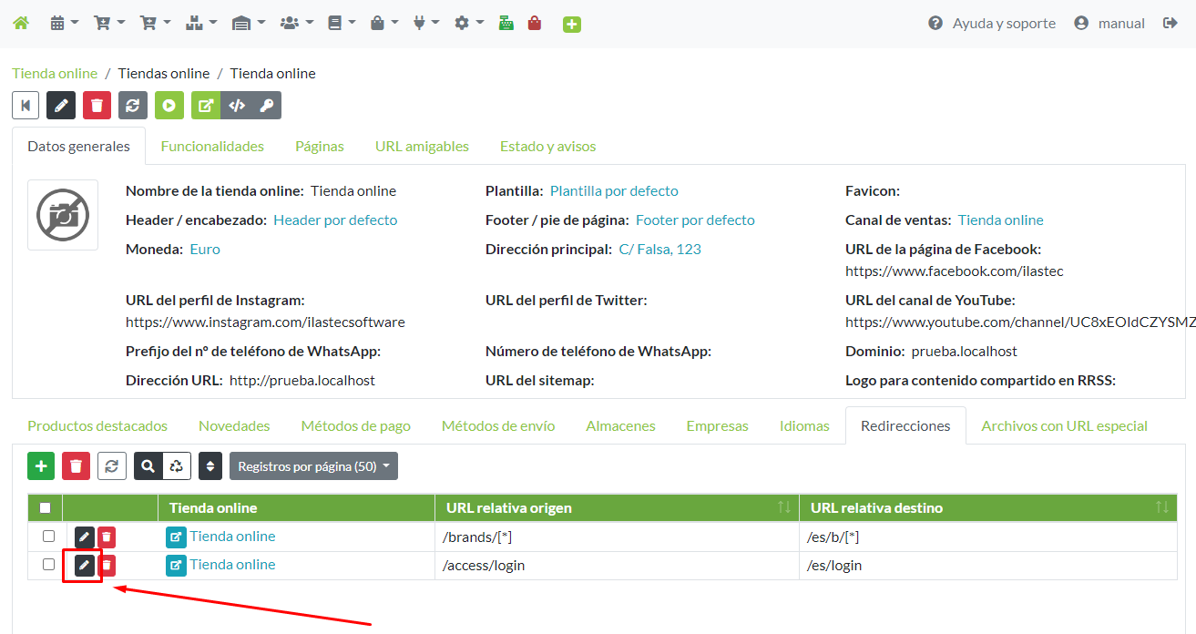 Modificación de un registro de redireccionamiento