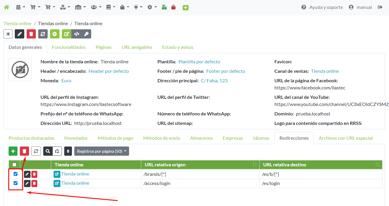 Eliminación de registros de redireccionamiento, de forma masiva