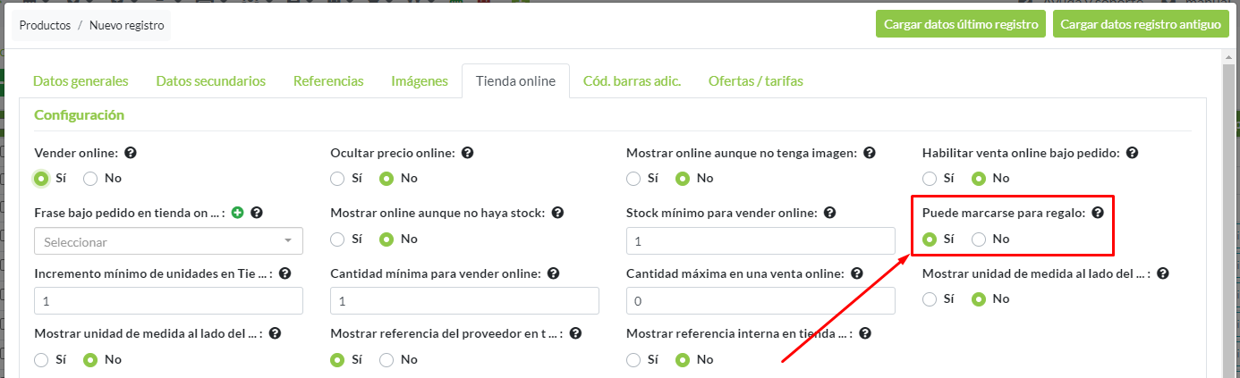 Configuración para marcar productos para regalo