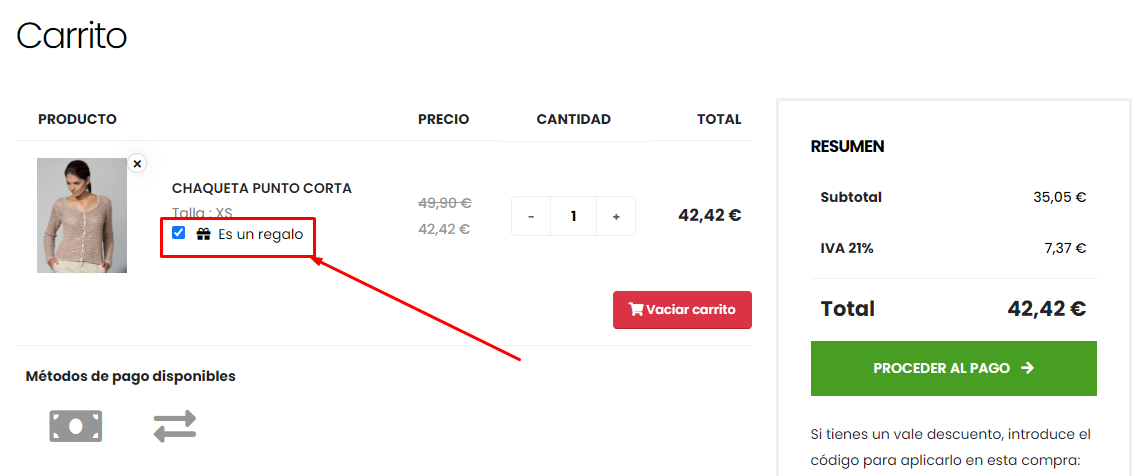 Carrito: Campo para marcar producto para regalo