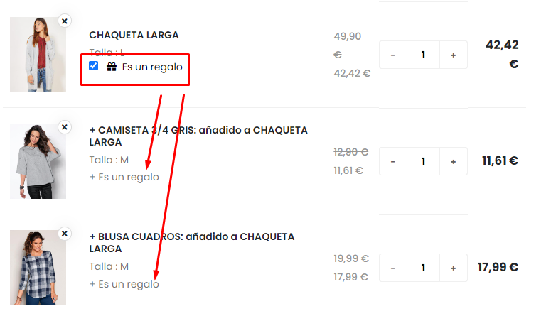 Carrito: Conjunto de extras marcados para regalo