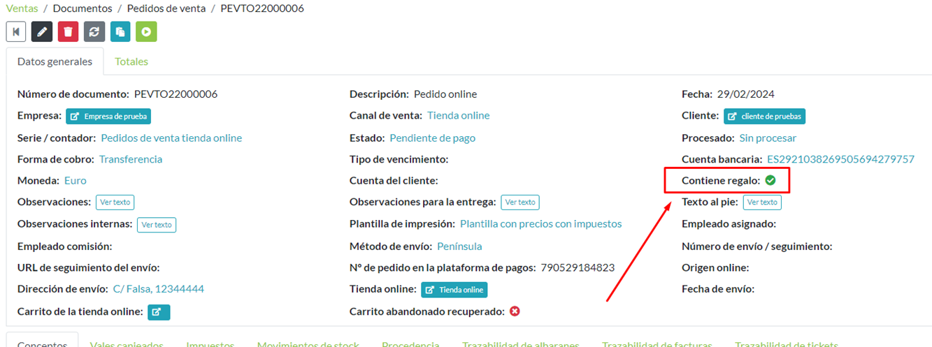 Ficha de pedido: detalle del campo Contiene regalo