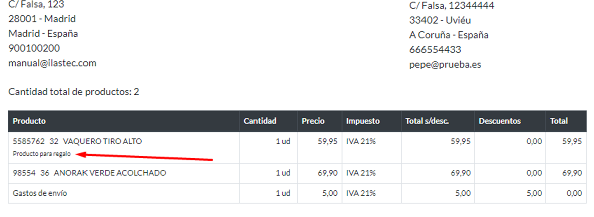 Ficha de pedido: detalle del campo Contiene regalo