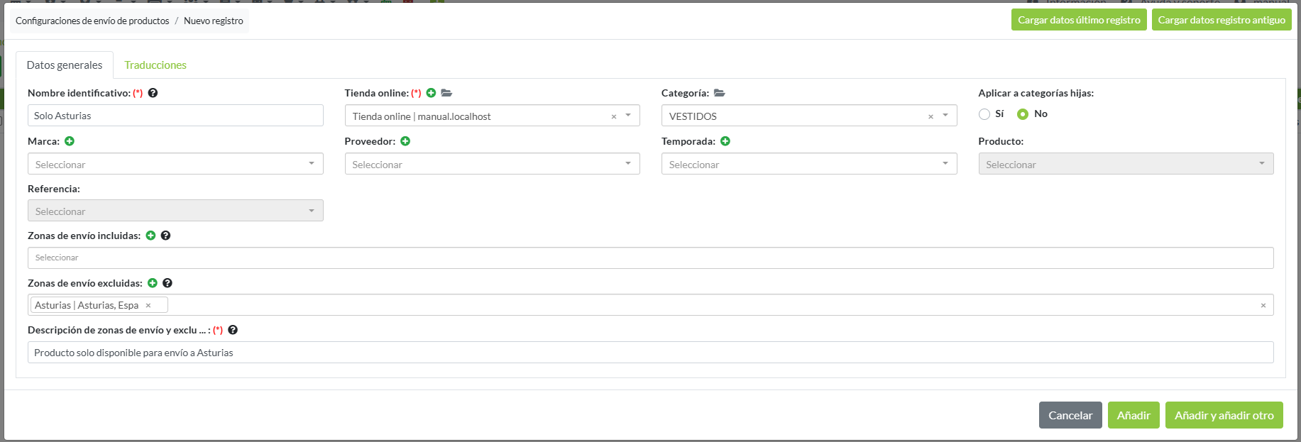 Creación de registro de configuración de envío: Pestaña Datos generales