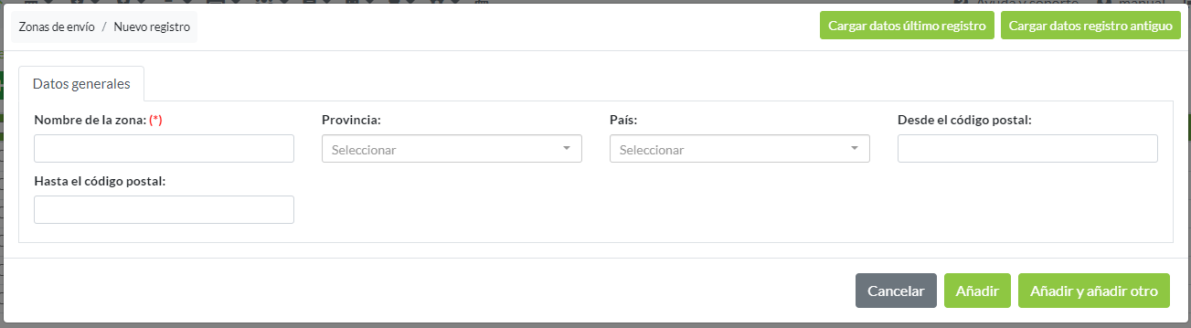 Creación de registro de zona de envío: Pestaña Datos generales