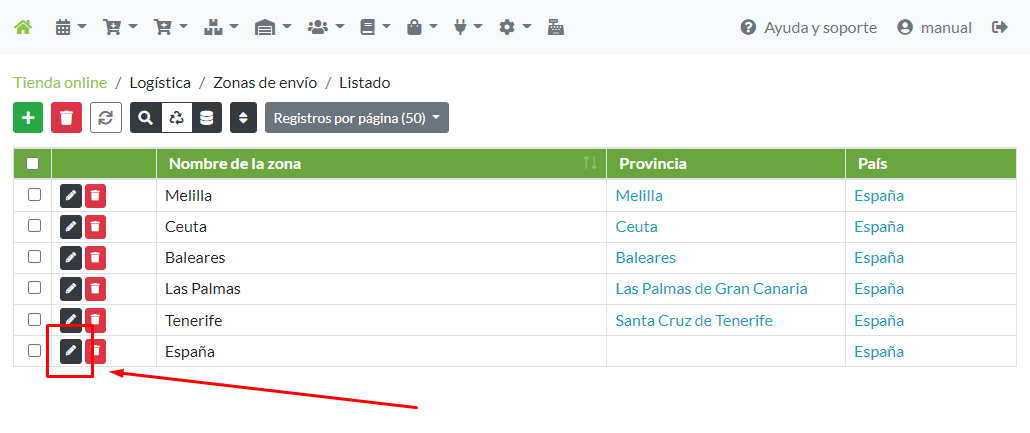 Modificación de un registro de zona de envío desde su menú de opciones