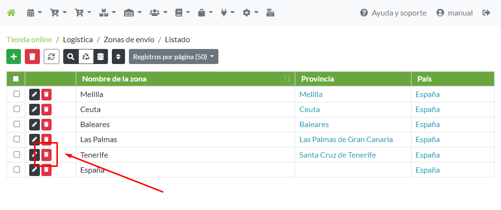 Eliminación de un registro de zona de envío desde su menú de opciones