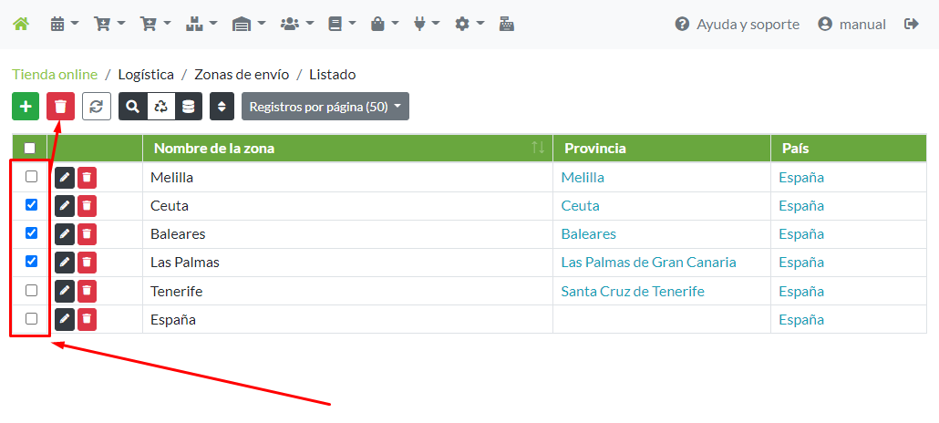 Selección masiva de registros de zona de envío para su eliminación
