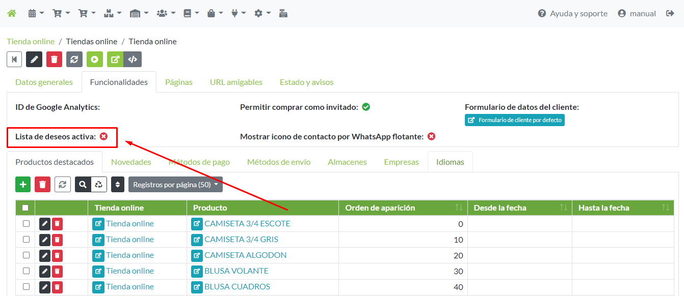 Detalle parámetro Lista de deseos activa, en ficha de Tienda online